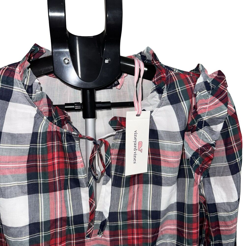 Vineyard Vines Blackwatch Ruffle Popover Woven Plaid Top Size XS NWT Red Blue - Picture 5 of 12